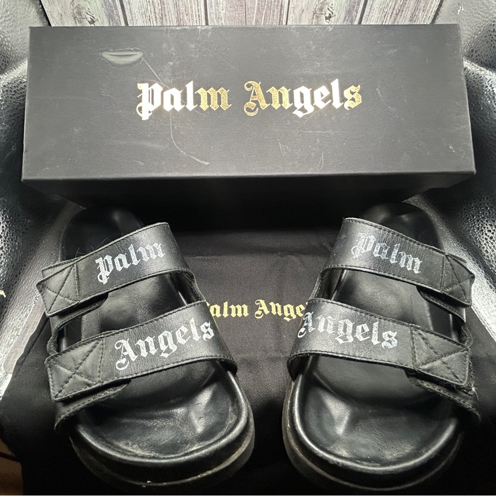 PALM ANGELS Double Strap Leather Slide Sandals Black White Logo + Box & Dust Bag